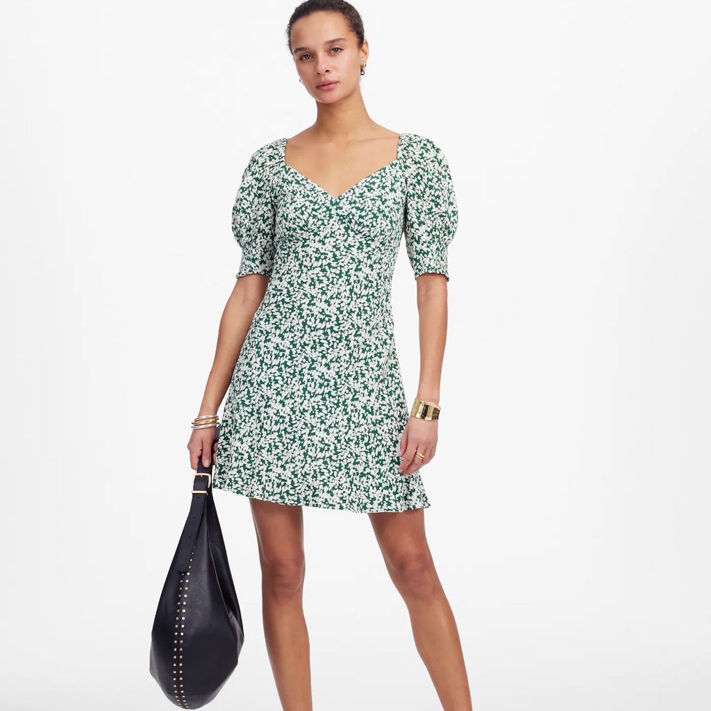Madewell Seamed V Neck Mini Dress Viscose Printed Kelly Verdant Green Size 6